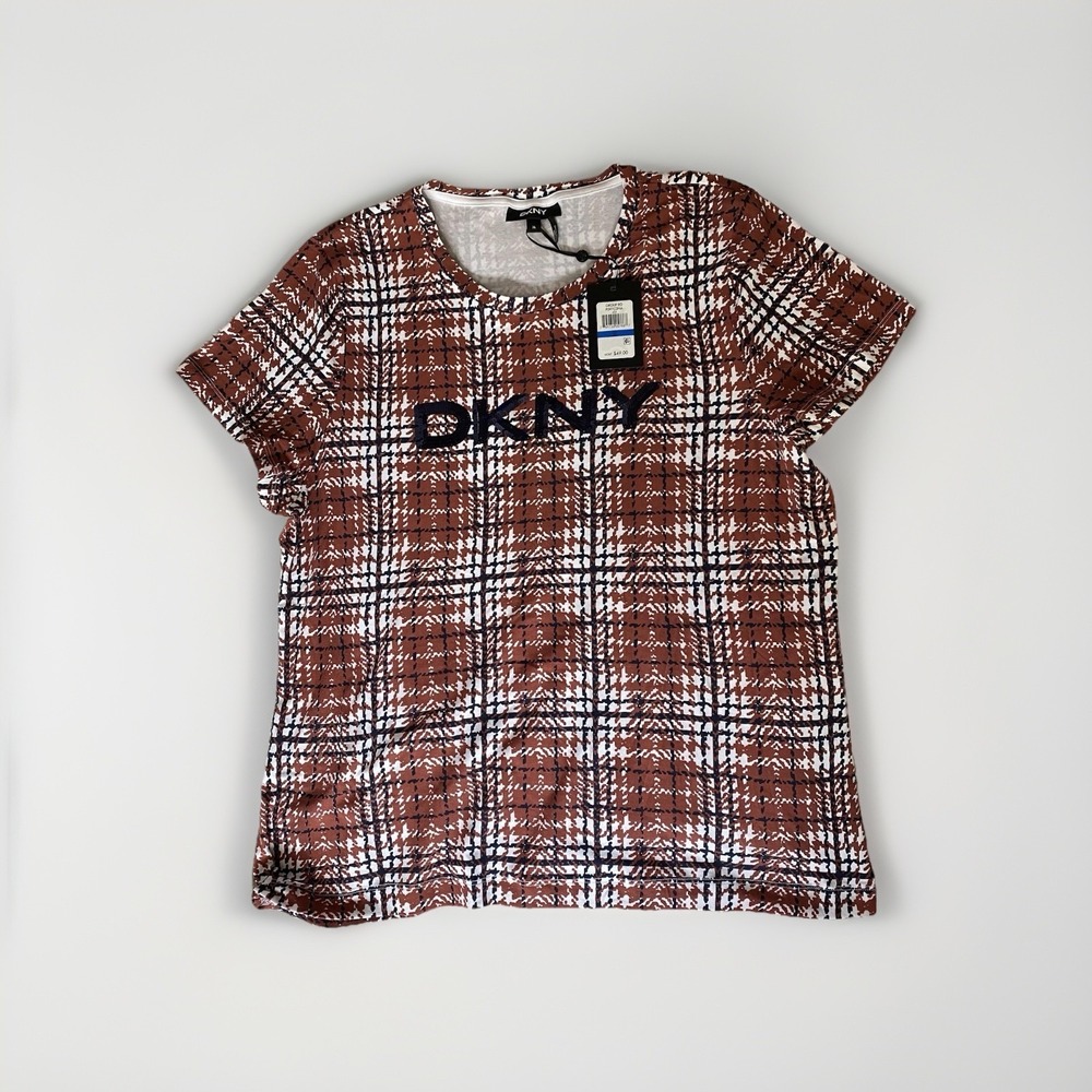 DKNY‎ Women's XL Knit Plaid Logo Sequin Crew Neck Short Sleeve T-Shirt